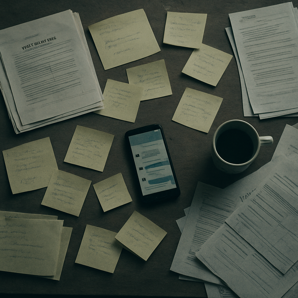 A cluttered desk of scattered recruiting notes, lists, and group chats
